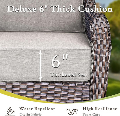 Luxury High Back Outdoor Furniture with 6-inch Extra Thick Cushions, Patio Furniture Set with Fire Pit Table & Swivel Chairs, 9 PCS Wicker Conversation Set for Yard, Deck, Poolside, Brown/Beige