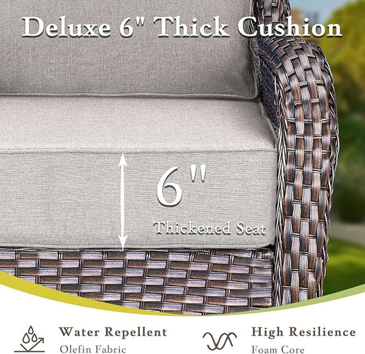Luxury High Back Outdoor Furniture with 6-inch Extra Thick Cushions, Patio Furniture Set with Swivel Chairs, 5 PCS Wicker Conversation Set for Yard, Deck, Poolside, Brown/Beige