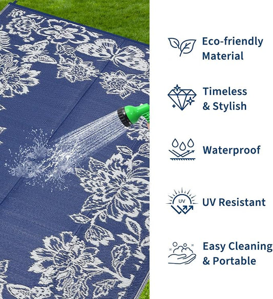 Garvee Outdoor Rugs 9' x 12’ Waterproof Reversible Mats, Large Area Plastic Straw Rug, Outside Carpet, Butterfly Floral Rv Mat for Patio Camping Picnic Backyard Deck Balcony Porch Beach Trailer