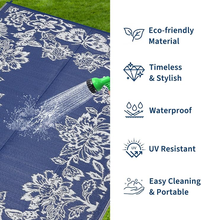 Garvee 5’x8’ Waterproof Patio Outdoor Rug, Outdoor Plastic Straw Rug for Camping, RV Mat Outside, Indoor Outdoor Carpet for Porch, Deck, Backyard, Balcony, Picnic, Navy & White