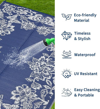 Garvee Outdoor Rugs 8’x10’ Waterproof Reversible Mats, Large Area Plastic Straw Rug, Outside Carpet, Butterfly Floral Rv Mat for Patio Camping Picnic Backyard Deck Balcony Porch Beach Trailer