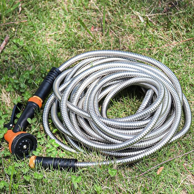Besiter Garden Hose 25FT Stainless Steel Water Hose with 10 Functions Adjustable Spray Nozzle, Heavy-Duty Metal Garden Hose Flexible Durable No-Tangle & Kink Leak Dog Proof Hose for Yard Lawn(Orange)
