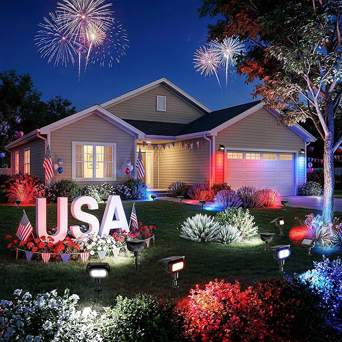 Brizled 4 Pack RGB Solar Spot Lights Outdoor, 360° Rotation 9 Colors & 11 Modes Color Changing Spotlights July 4th Outdoor Landscape Lights Solar Spot Landscaping Pathway Lighting for Path Garden Yard