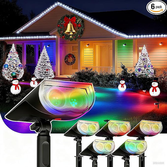 Linkind Christmas Solar Lights Outdoor StarRayS, Christmas Decorations Color Changing Solar Spot Lights, IP67 Waterproof for Landscape Garden Pathway Walkway (Multicolor, 6 Pack)