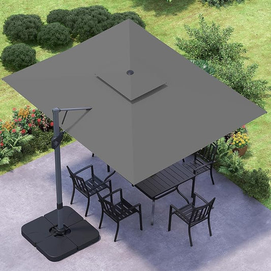 GREEN PARTY 12x9 ft Cantilever Patio Umbrella with Base Included, Rectangle Offset Outdoor Umbrellas with 360° Rotation, 5-Year-Non-Fading Hanging Pool Umbrella for Garden Deck Poolside - Grey