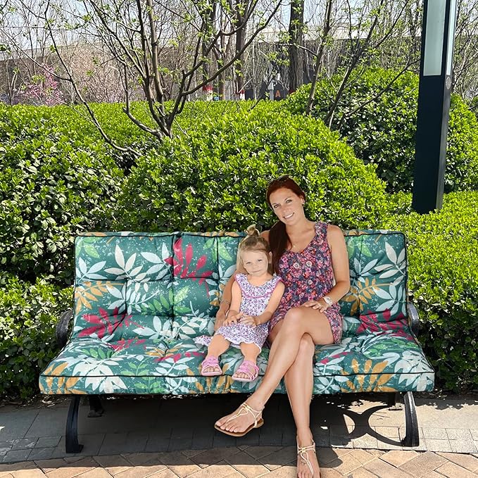 Swing Replacement Seat Cushions, 2-3 Seater Bench Cushions for Outdoor Furnitur with Backrest, Garden Recliner Seat Cushions Waterproof Sofa Pads (Green Flowers, 63x40in)