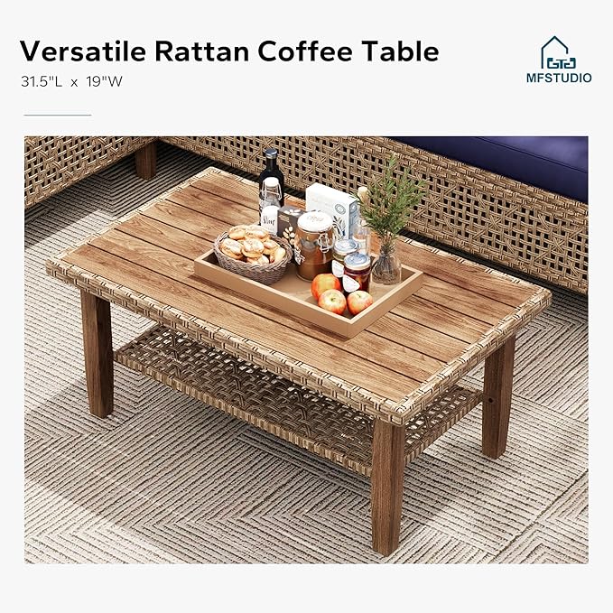 MFSTUDIO Wicker Patio Furniture Set, L Shaped Outdoor Couch Set, Rattan Outdoor Sectional Sofa with Acacia Wood Coffee Table, 3 Pieces Small Patio Conversation Set for Backyard, Navy Blue