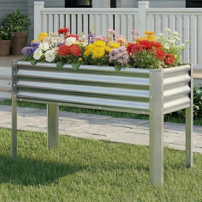 Galvanized Raised Garden Bed with Legs, 48×24×32in Large Metal Elevated Raised Planter Box with Drainage Holes for Backyard, Patio, Balcony, 400lb Capacity,Sliver