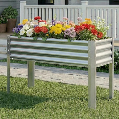 Galvanized Raised Garden Bed with Legs, 48×24×32in Large Metal Elevated Raised Planter Box with Drainage Holes for Backyard, Patio, Balcony, 400lb Capacity,Sliver
