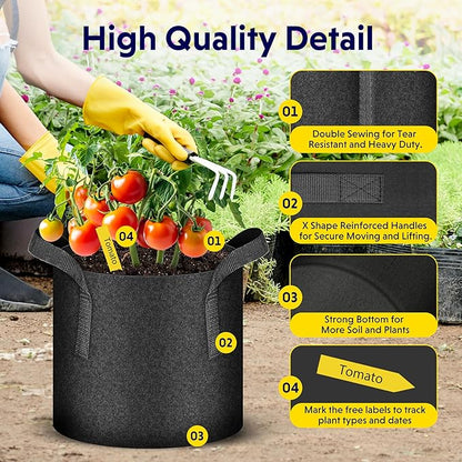iPower 5-Pack 10 Gallon Plant Grow Bags Thickened Nonwoven Aeration Fabric Pots Heavy Duty Durable Container, Strap Handles for Garden, Black New