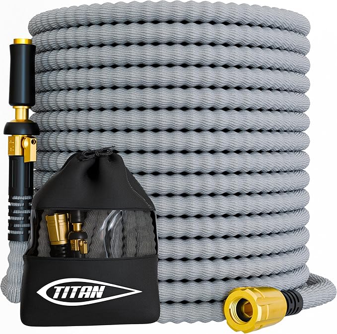 TITAN Flexible Garden Hose 50FT – Ultra Lightweight, Heavy Duty Water Hose with Brass Fittings & Jet Nozzle – Kink-Free, Non-Expanding, Durable Fabric Hose for Yard, Lawn, Car Wash, Outdoor Use