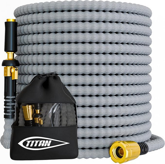 TITAN Flexible Garden Hose 30FT – Ultra Lightweight, Heavy Duty Water Hose with Brass Fittings & Jet Nozzle – Kink-Free, Non-Expanding, Durable Fabric Hose for Yard, Lawn, Car Wash, Outdoor Use