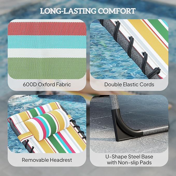 Outsunny Folding Chaise Lounge Chair Outdoor Tanning Chair Mixed Color | Side Table, 5-Level Adjustable Beach Lounger, Headrest, Side Pocket, Patio Backyard Beach Poolside