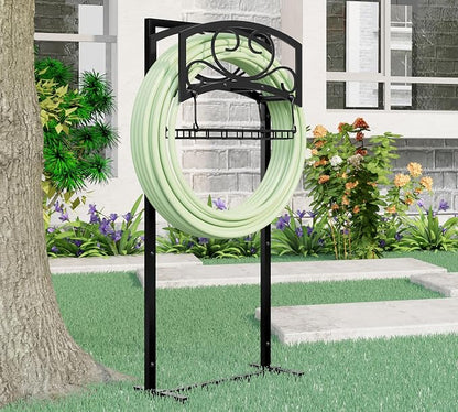 Kingson Freestanding Garden Hose Holder with Storage Basket - Heavy-Duty Black Powder-Coated Steel, Holds 150FT Hose, Detachable & Portable Design with Assembly Tools, Ideal for Outdoor Use