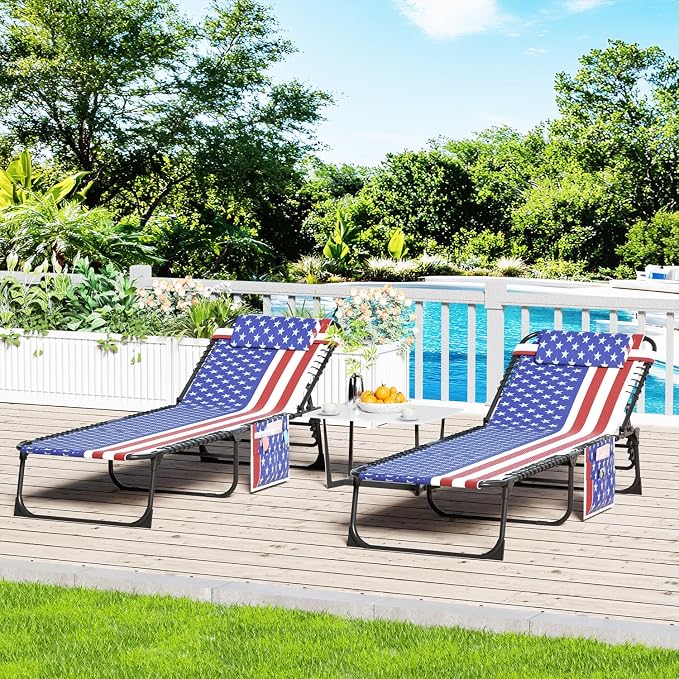 Outdoor Lounge Chair, Foldable Reclining Chaise Lounge with Detachable Pillow & Side Pocket, 4-Position Recliner Tanning Chair for Beach, Pool, Lawn, Backyard, Tricolor Stripe, 2 Packs