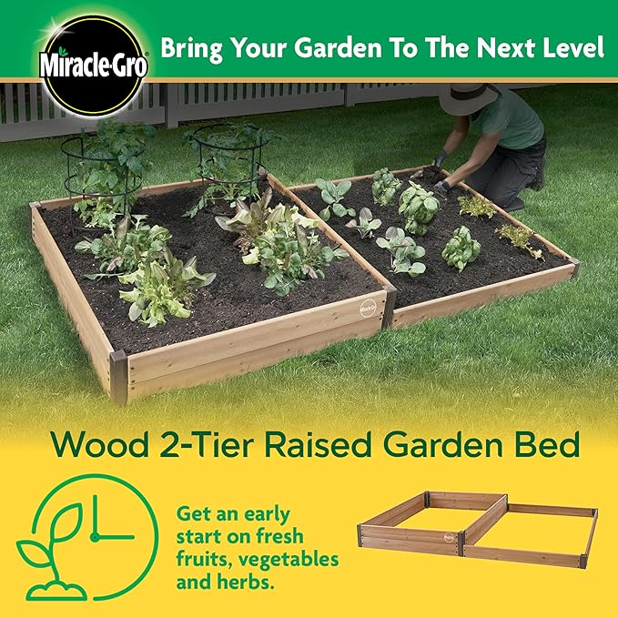 Miracle-GRO 4 x 8 Ft. 2-Tier Wooden Raised Garden Bed, 19.2 Cu. Ft. Above Ground Garden with Powder-Coated Metal Brackets for Decks and Yards