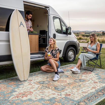 GENIMO Outdoor & Indoor Area Rug 9'x12', Waterproof, Non-Shedding, Easy Cleaning, Boho Mat for Patio, Living Room, Balcony, Dining Room, RV, Deck, Bedroom, Camping, Outside Carpet,Blue Salmon
