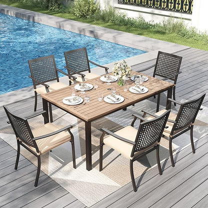 PHI VILLA 7 Pieces Outdoor Set for 6, 65” Wood-Like Metal Steel Dining Table & Stackable Iron Chairs with Cushions, Large Modern Furniture Set for Patio, Deck, Yard, Porch