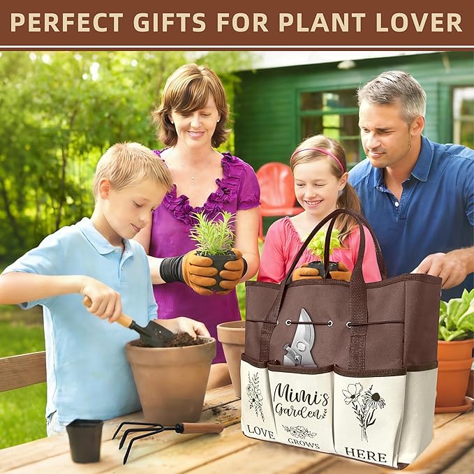 Mimi Gifts, Garden Kit Gifts for Mimi Mothers Day from Grandkids Gardening Tools and Durable Garden Tools Organizer Tote, Ideal Gardening Set for Women on Plant Lover Birthday Present Brown