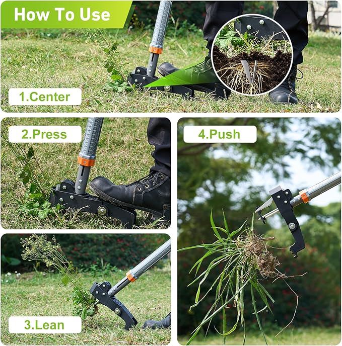 Weed Puller Tool - Stand Up Weed Puller with 4-Claw Steel Head, 39"-46" Retractable Handle & Easy-Eject Mechanism for Dandelions, Clover & More, No Bending or Kneeling