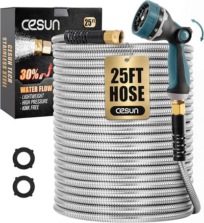 Cesun 25 ft Metal Garden Hose, Stainless Steel Heavy Duty Water Hose With 10 Function Nozzle, No Kink & Flexible, Lightweight and Durable, Rust Proof for Yard, RV, Pet Bath, Outdoor, 25 foot x 5/8"