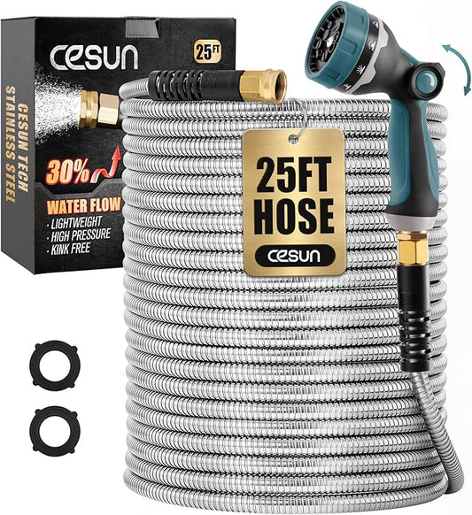Cesun 25 ft Metal Garden Hose, Stainless Steel Heavy Duty Water Hose With 10 Function Nozzle, No Kink & Flexible, Lightweight and Durable, Rust Proof for Yard, RV, Pet Bath, Outdoor, 25 foot x 5/8"