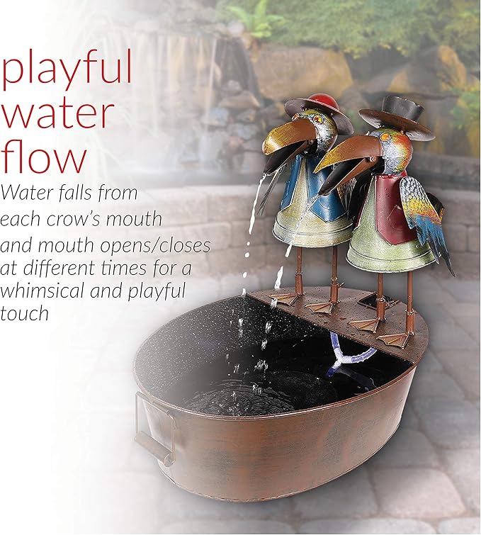 Alpine Corporation 20" Outdoor Tabletop Vintage Rustic Metal Crow Birds, Brown - Charming Waterfall Fountain – Whimsical Garden Decoration - Durable Design for Patio, Yard, Deck