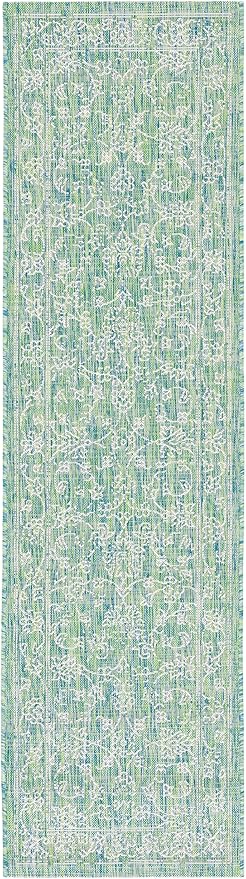 SAFAVIEH Washable Rug Outdoor Courtyard Collection - 2'3" x 14' Runner, Green & Ivory, Non-Shedding & Easy Cleaning, Ideal for Patio, Entryway, Mudroom, Hallway, Kitchen (CY8680-55721)