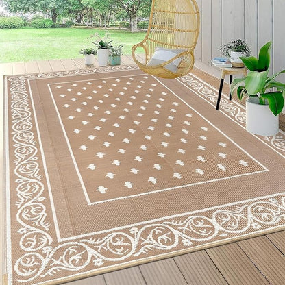 Pauwer Waterproof Outdoor Rug 8x10, Reversible Plastic Straw Patio Camping Rug, Indoor Outdoor RV Mat Carpet for Deck, Camper, Porch, Balcony, Backyard, Picnic, Bordered Beige