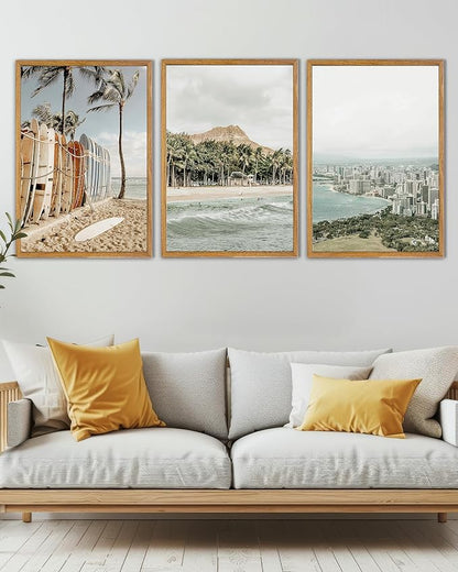 UPWOIGH Large Framed Canvas Wall Art, Set of 3 Hawaiian Surf Decor, Island Beach Photography Prints, 16x24 in Natural Cotton, Minimalist Coastal Travel Art for Living Room, Dining Room, Office, Gifts