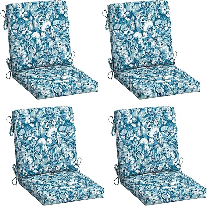 Arden 4-Pack Outdoor Patio Dining Chair Cushion, 20x44, Rain-Proof Seat Pad, Fade-Resistant Outdoor Cushion Aqua Blue Fusion Floral