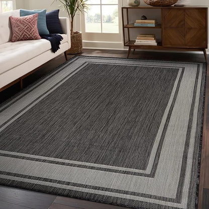 Beverly Rug Large Outdoor Rug 9x12 Modern Bordered Area Rugs for Indoor and Outdoor Patio Deck Porch Garden Waterproof Weather Sun Resistant Washable Outside Carpet (9 x 12 Dark Gray)
