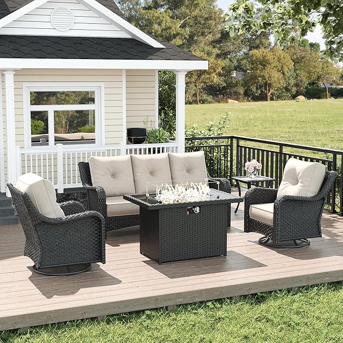 LayinSun 5 Piece Wicker Outdoor Furniture Set with 6-inch Comfy Cushions, High Back Patio Furniture Set with Swivel Rocking Chairs and Fire Pit Table