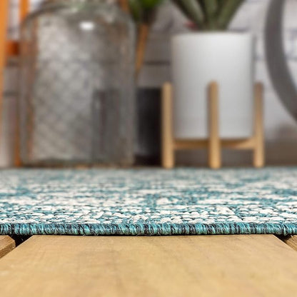 JONATHAN Y Weave Floral Indoor Outdoor Square Area Rug 5X5 Teal/Gray, Tela Bohemian Textured for Backyard, Patio, Porch, Easy-Cleaning, High Traffic, Pet-Friendly, Non-Shedding (SMB100C-5SQ)