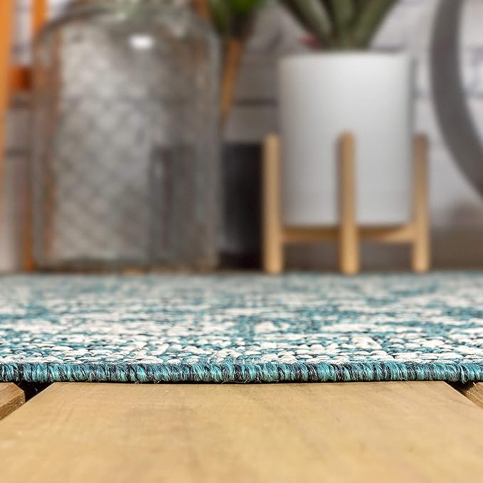 JONATHAN Y Weave Floral Indoor Outdoor Round Area Rug 4 Ft Teal/Gray, Tela Bohemian Textured for Backyard, Patio, Porch, Easy-Cleaning, High Traffic, Pet-Friendly, Non-Shedding (SMB100C-4R)