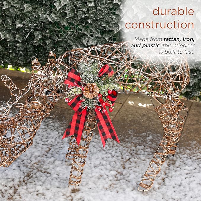 Alpine Corporation 27" Tall Rattan Grazing Reindeer with Bow and LED Lights, Indoor/Outdoor Christmas Lawn and Yard Decor, Festive Holiday Decoration
