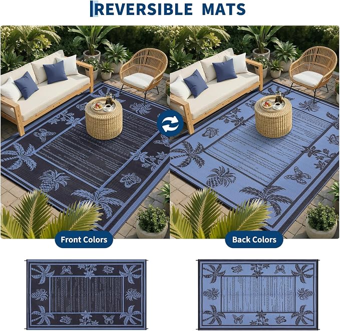 Garvee Outdoor Rug 9x12 Waterproof for Patios, Reversible Plastic Straw Rug, Tropical Leaf Indoor Outdoor Rugs, Large Area Rug for RV, Camping, Deck, Picnic Mat, Outside Carpet