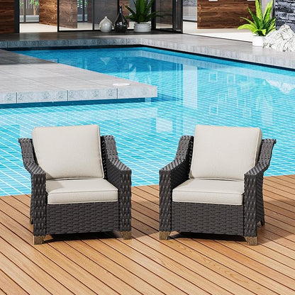 Patio 2 Pieces Wicker Chairs Set of 2，Outdoor PE Rattan Armchairs, Water-Resistant Cushions with Removable and Washable Covers, Porch, Balcony, Sunroom (Beige)