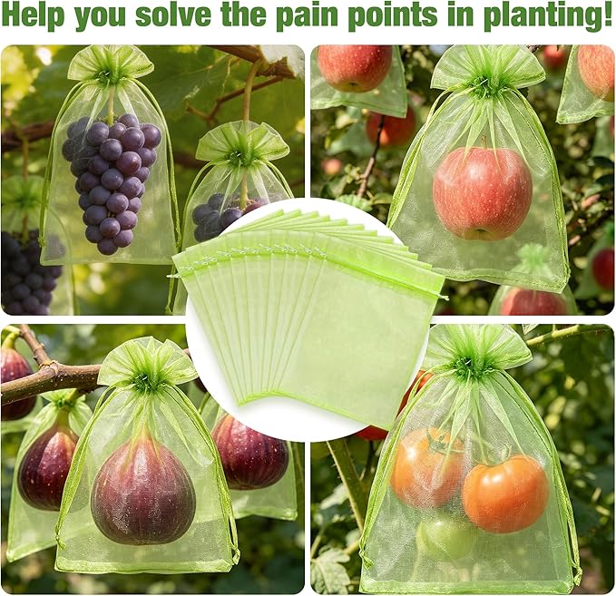 50 Pcs Drawstring Fruit Protection Bags, 6×9 Inch Green Mesh Fruit Net Covers, Anti-Bird Anti-Insect Garden Protective Bags for Fruit Tree, Tomato, Strawberry, Apple, Cherry, Grapes and Vegetables