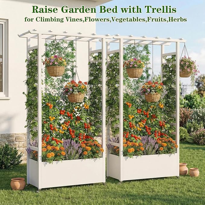 74" Mobile Planter with Trellis,Weatherproof Vertical Raise Garden Bed with Trellis & Hanging Roof for Climbing Plants,Flowers,Vegetables,Rust-Proof Metal Privacy Planter for Patio (White-A)