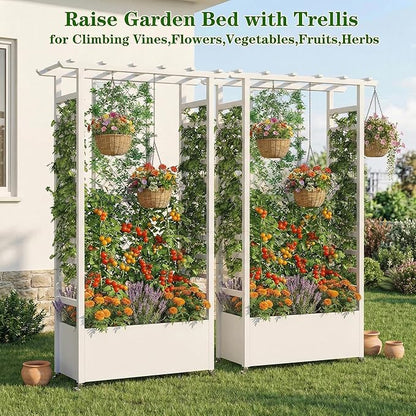 74" Mobile Planter with Trellis,Weatherproof Vertical Raise Garden Bed with Trellis & Hanging Roof for Climbing Plants,Flowers,Vegetables,Rust-Proof Metal Privacy Planter for Patio (White-A)