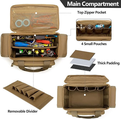 Rexmica Small Tool Bag with Anti-friction and Thick Padded Bottom, Tool Storage Organizer for Men, Tactical Bag, Range Bag, Multi-functional Work Tote for Repairman, Electrician, Carpenters (Khaki)
