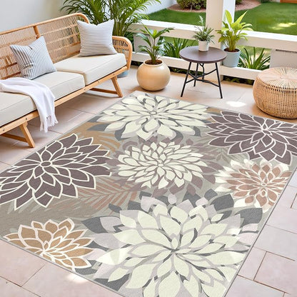 Colorful 5x8 Outdoor Area Rug Washable Multicolored Patio Rug Tropical Botanical Floral Chenille Waterproof Outdoor Carpet for Living Room, Deck, Backyard, Porch, Taupe