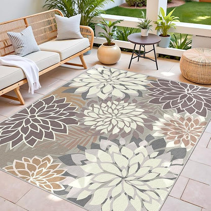 9x12 Outdoor Area Rug Washable Multicolored Patio Rug Tropical Botanical Floral Chenille Waterproof Outdoor Carpet Non-Slip for Deck, Backyard, Porch, Taupe