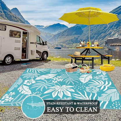 Pauwer Waterproof Outdoor Rug 9x12, Reversible Plastic Straw Patio Camping Rug, Indoor Outdoor RV Mat Carpet for Deck, Camper, Porch, Balcony, Backyard, Picnic, Floral Teal