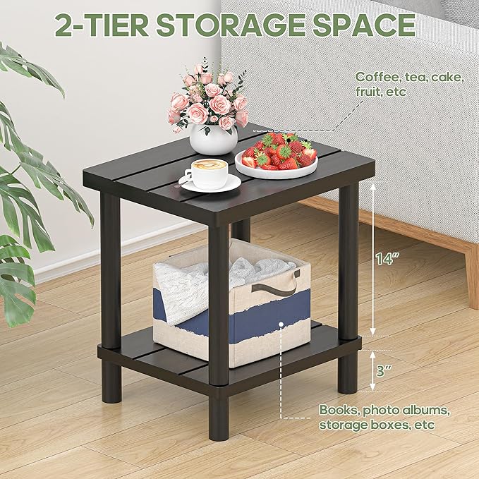 LEJANEOYE Outdoor Side Table, 2-Tier Small Outdoor Table for Patio, Adirondack Side Tables for Outside or Indoor, Bamboo End Table for Pool, Porch, Weather Resistant Easy Maintenance-Black