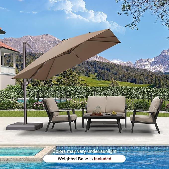 PURPLE LEAF 10X10Ft Patio Cantilever Umbrella with Base Included Square Outdoor Umbrella with 360° Rotation and Aluminum Offset Hanging for Garden Backyard Pool, Taupe