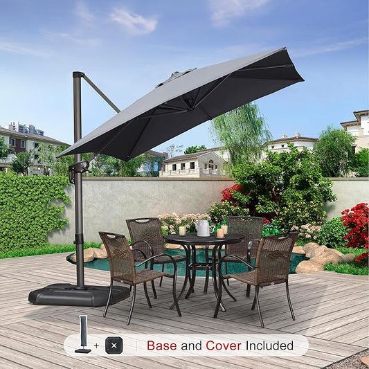 PURPLE LEAF 8'×8' Patio Cantilever Umbrella with Base Included Offset Outdoor Umbrella with cover Square umbrella outdoor patios for Backyard Pool Garden Light Grey