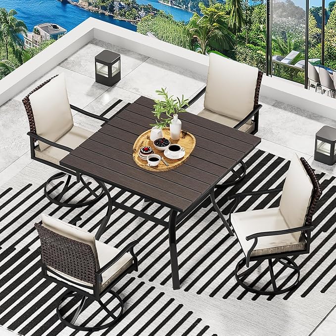 LEVELEVE 5 Piece Outdoor Patio Dining Set with 4 Swivel Dining Chairs & 1 Large Round Dining Table,Bistro Furniture Set for Lawn, Garden, Deck, Backyard and Porch