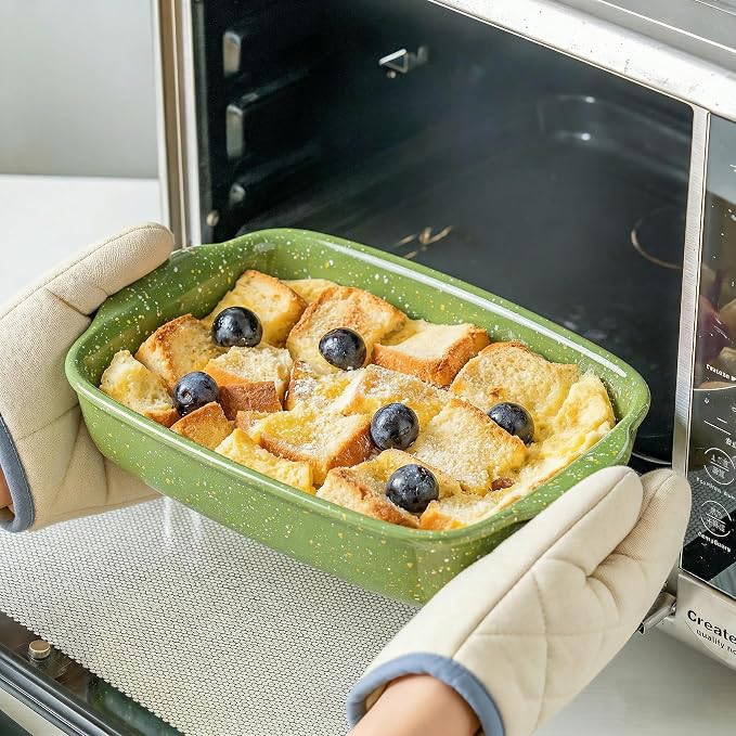 Ceramic Baking Dishes for Oven,Heavy Duty Bakeware Dish Set of 3, Rectangular Casserole,Lasagna Pan Deep,High Heat Resistant,Glazed Handcraft Speckle Series (13.8''/12''/9.6''Green)